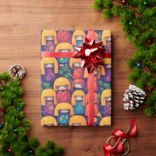 Papier Cadeau Poupées Kokeshi Japonaises Colorées Motif