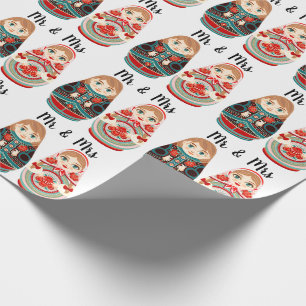 Papier Cadeau Poupées russes Matryoshka M. et Mme rose, marine e