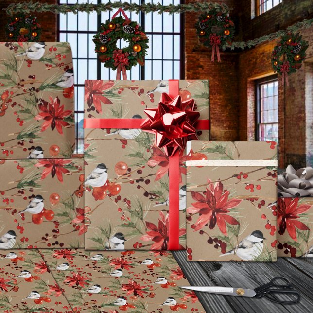 Papier Cadeau Poussées Rustiques Kraft Berries rouges & Poinsett (Rustic Kraft Chickadees Red Berries & Poinsettias Christmas Holiday Gift Wrapping Rolls )