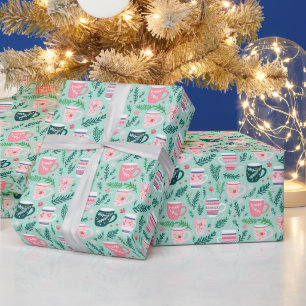 Papier Cadeau Poussettes de Noël rose et vert