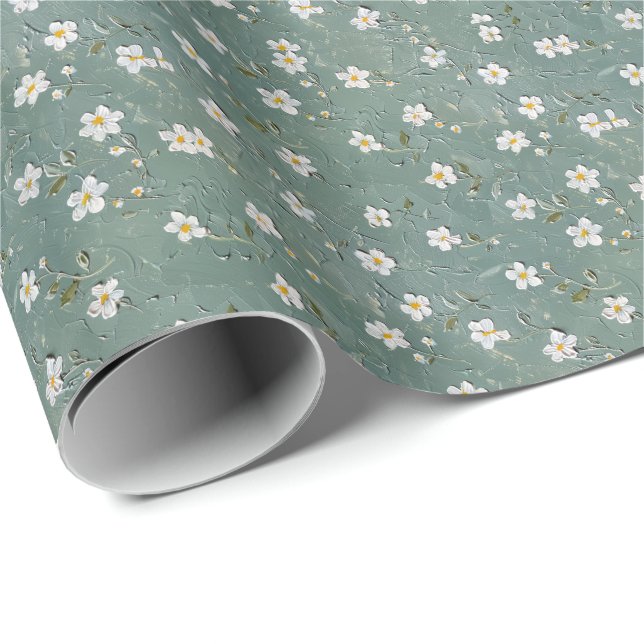 Papier Cadeau Poussière verte florale blanche (Coin rond)