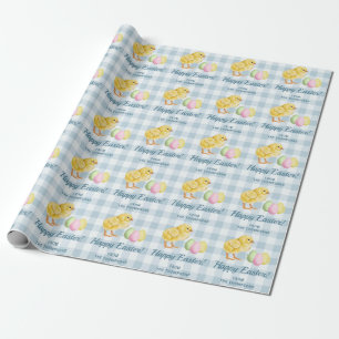 Papier Cadeau Poussin et œufs pastel Joyeuses Pâques Gingham ble