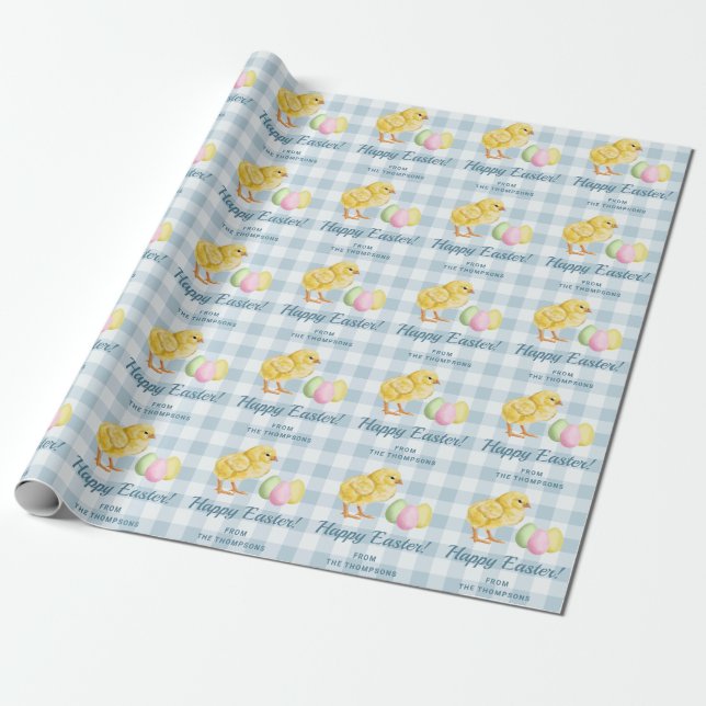 Papier Cadeau Poussin et œufs pastel Joyeuses Pâques Gingham ble (Déroulé)