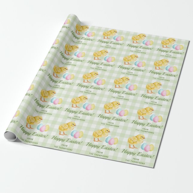 Papier Cadeau Poussin et œufs pastel Joyeuses Pâques Gingham ver (Déroulé)