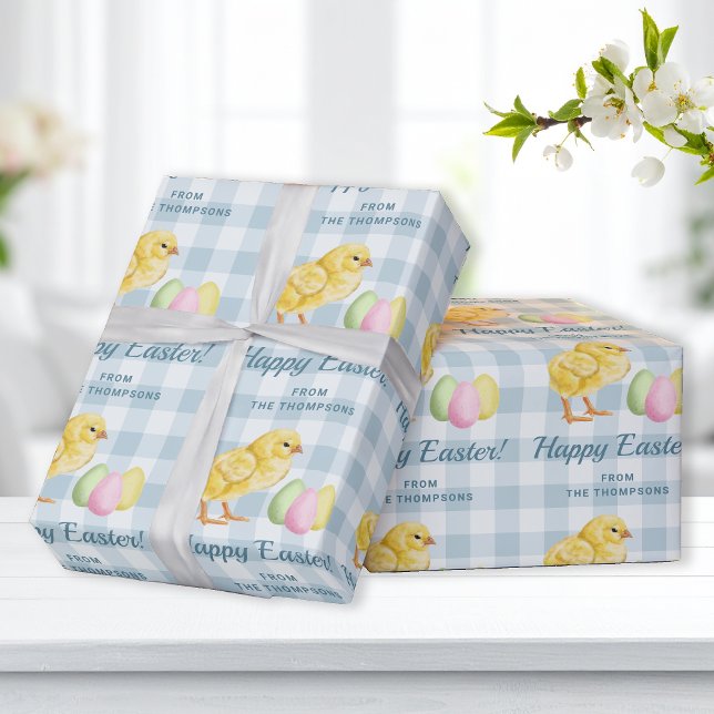 Papier Cadeau Poussin et œufs pastel Joyuses Pâques Gingham bleu (Créateur téléchargé)