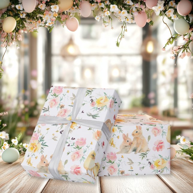 Papier Cadeau Poussins de Pâques Printemps Floral (Easter Bunny Chicks Spring Floral Wrapping Paper
)