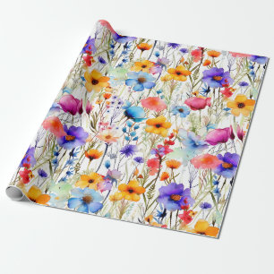 Papier Cadeau Prairie de fleurs sauvages arc-en-ciel aquarelle