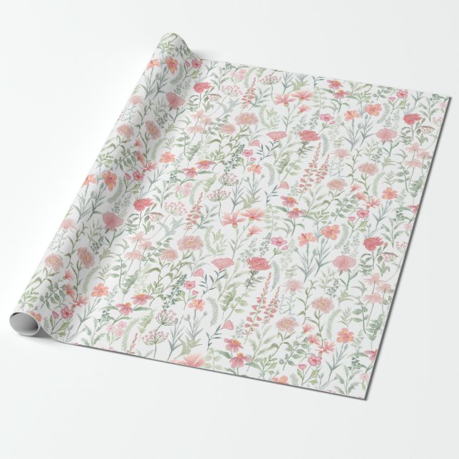 Papier Cadeau Prairie de fleurs sauvages roses Coquette Féminine (Déroulé)
