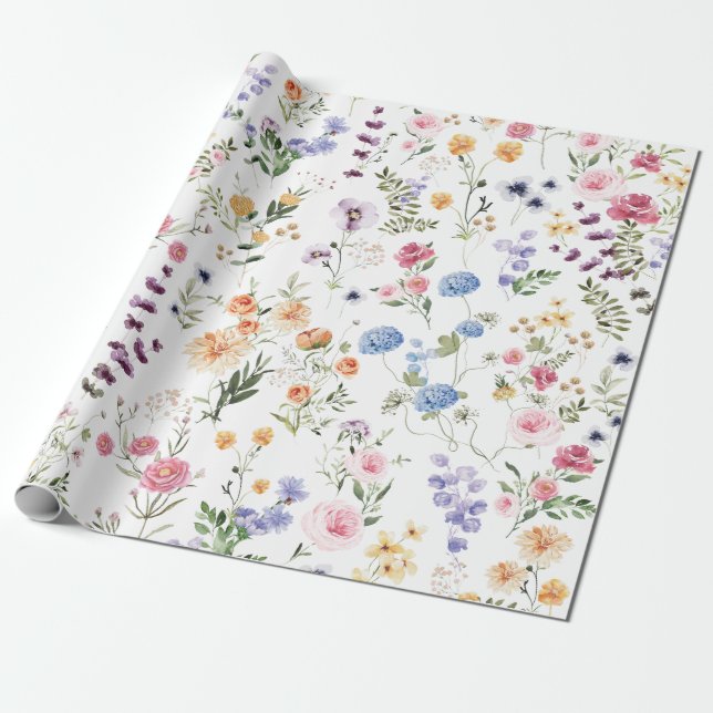 Papier Cadeau Prairie fleurie de printemps jardin de fleurs verd (Déroulé)