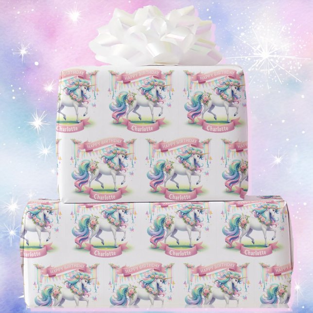 Papier Cadeau Prancing Unicorn Personnaliser le nom de la fille  (Créateur téléchargé)