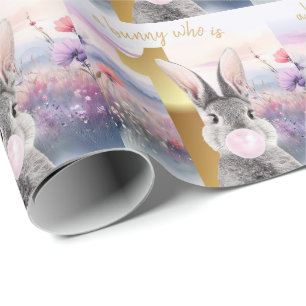 Papier Cadeau Premier anniversaire de lapin soufflant de gomme r