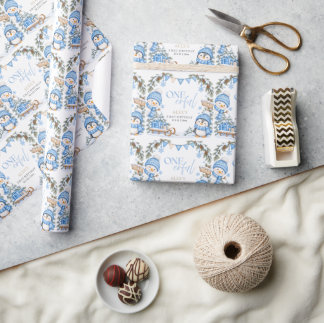 Papier Cadeau Premier Anniversaire de Pingouin de l'Hiver ONEder