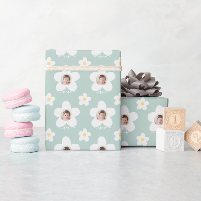 Papier Cadeau Premier anniversaire marguerite boho rétro turquoi (Baby Shower)