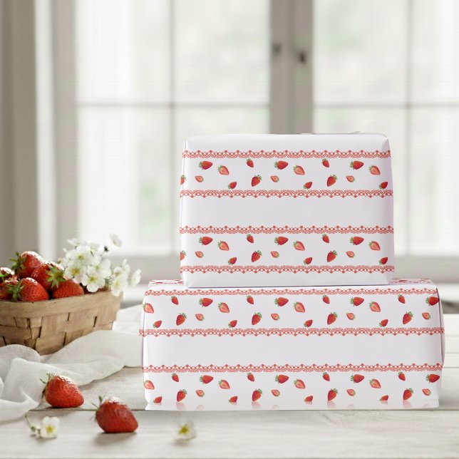Papier Cadeau Premier Anniversaire Red Lace Berry  (Red Lace Berry First Birthday Wrapping Paper)