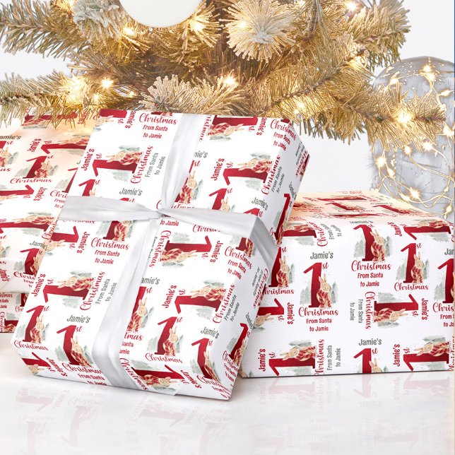 Papier Cadeau Premier Lapin de Noël Nom Baby Red Numéro Un (First Christmas Bunny Name Baby Red Number One Wrapping Paper)