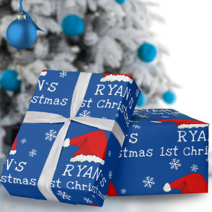 Papier Cadeau Premier Noël de bébé Chapeau de Père Noël bleu Flo
