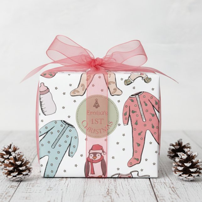 Papier Cadeau Premier Noël de Bébé Mignon (Baby's First Christmas Wrapping Paper for Kids. Merry Christmas Gift Wrap. Holiday Pajamas Pattern)
