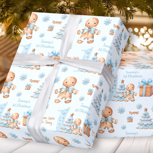 Papier Cadeau Premier Noël Gingerbread Homme Garçon Bleu Nom Tex (First Christmas Gingerbread Man Boy Blue Name Text Wrapping Paper)