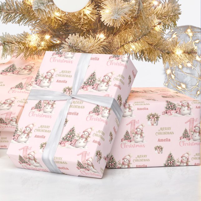 Papier Cadeau Premier Noël rose Vintage Snowman Nom de la fille (First Christmas Pink Vintage Snowman Girl Name Wrapping Paper)