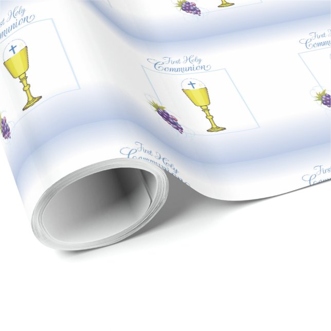 Papier Cadeau Première communion de garçon, calice avec hostie e (Coin rond)