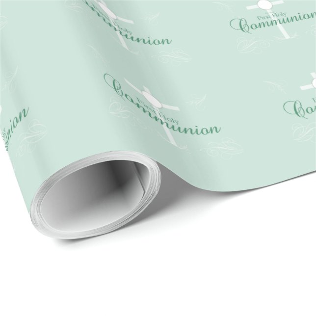 Papier Cadeau Première communion, écriture en vert clair (Coin rond)