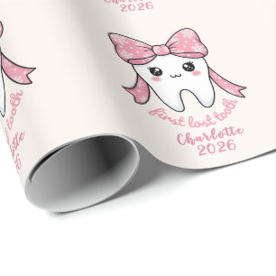 Papier Cadeau Première Dent de Bébé Arc Rose Kawaii