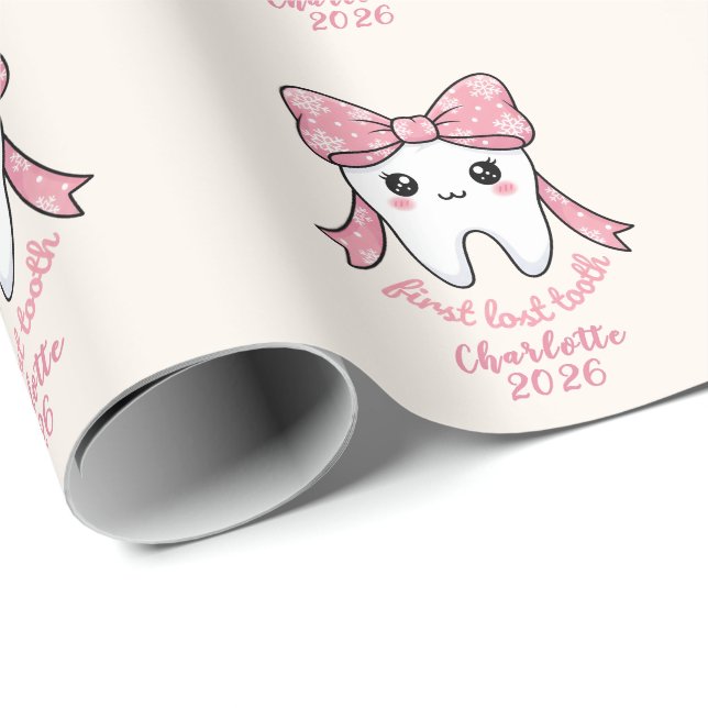 Papier Cadeau Première Dent de Bébé Arc Rose Kawaii (Coin rond)