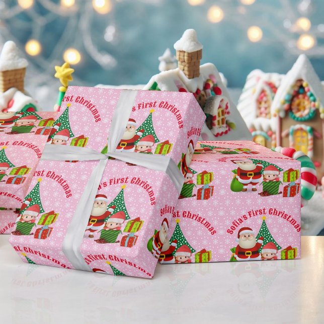 Papier Cadeau Première Fille de Noël Personnaliser le nom rose (Créateur téléchargé)