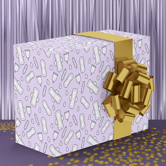 Papier Cadeau Première période Pastel Purple Cute Tampon (Mockup of wrapping paper on a box in a purple party room.)