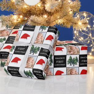 Papier Cadeau Première photo de Noël du bébé Santa Hat Snow Tree