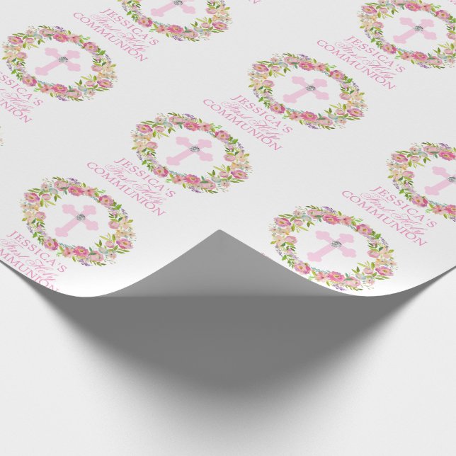 Papier Cadeau Première sainte communion de fille florale rose (Coin)