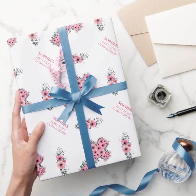 Papier Cadeau Première Sainte Communion Fille Chic Pink Flower C (Cadeaux)