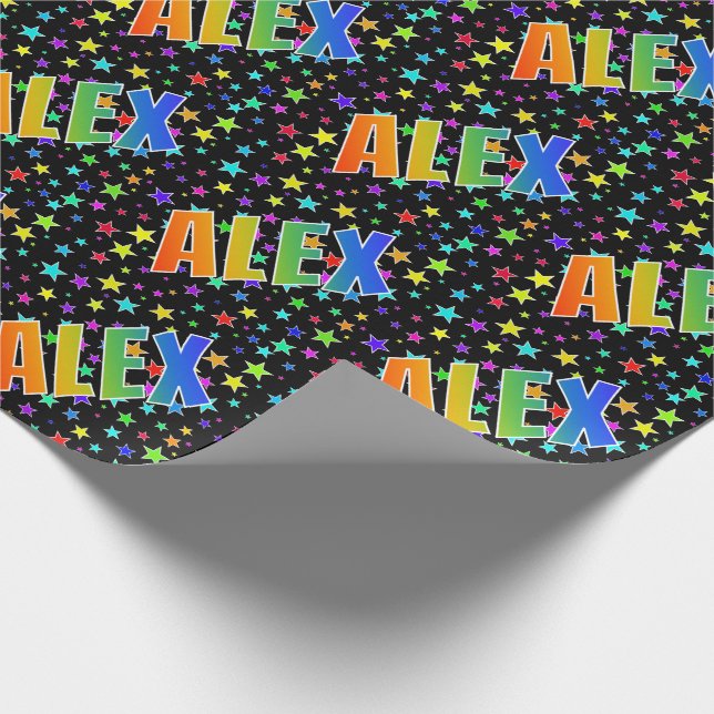 Papier Cadeau Prénom "ALEX" d'arc-en-ciel + Étoiles (Coin)