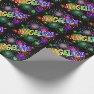 Papier Cadeau Prénom "ANGELINA" d'arc-en-ciel + Feux d'artifice