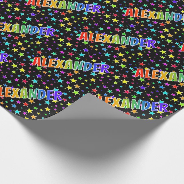 Papier Cadeau Prénom arc-en-ciel "ALEXANDER" + Étoiles (Coin)