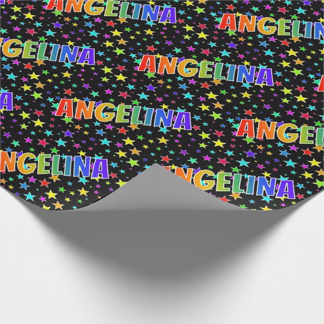 Papier Cadeau Prénom arc-en-ciel "ANGELINA" + Étoiles (Coin)