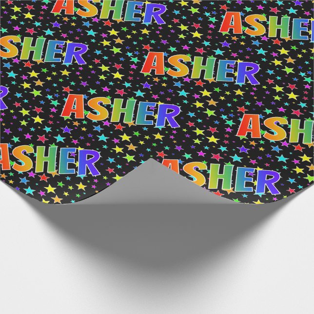 Papier Cadeau Prénom arc-en-ciel "ASHER" + Stars (Coin)