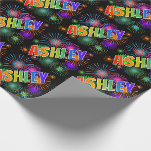 Papier Cadeau Prénom arc-en-ciel "ASHLEY" + feux d'artifice