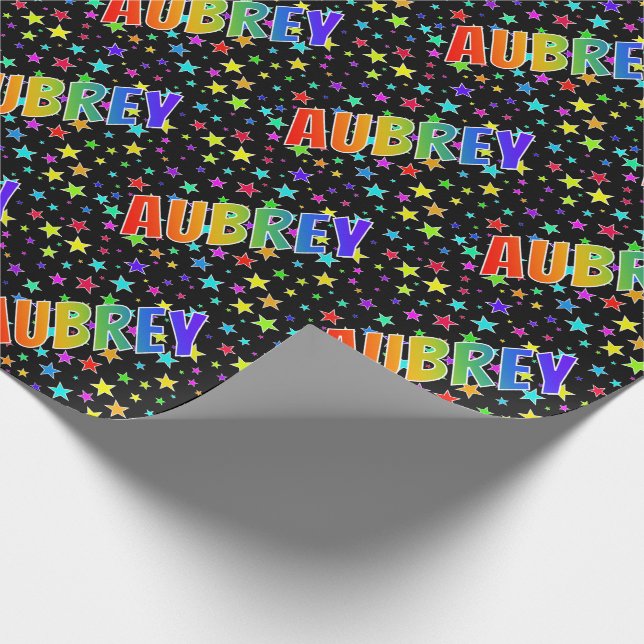 Papier Cadeau Prénom arc-en-ciel "AUBREY" + Étoiles (Coin)