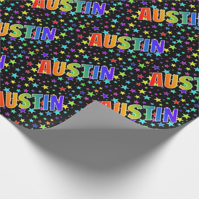 Papier Cadeau Prénom Arc-en-ciel "AUSTIN" + Étoiles (Coin)