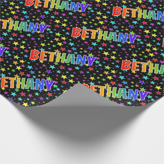 Papier Cadeau Prénom arc-en-ciel "BETHANY" + Étoiles (Coin)