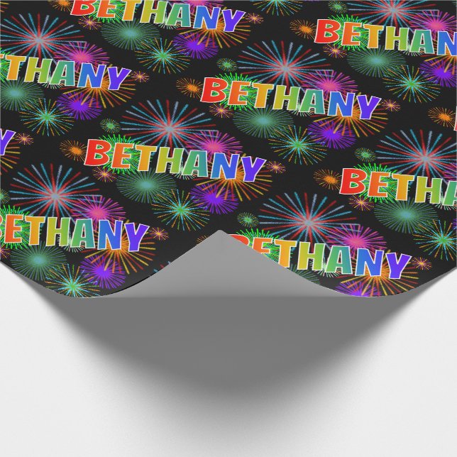 Papier Cadeau Prénom arc-en-ciel "BETHANY" + Feux d'artifice (Coin)
