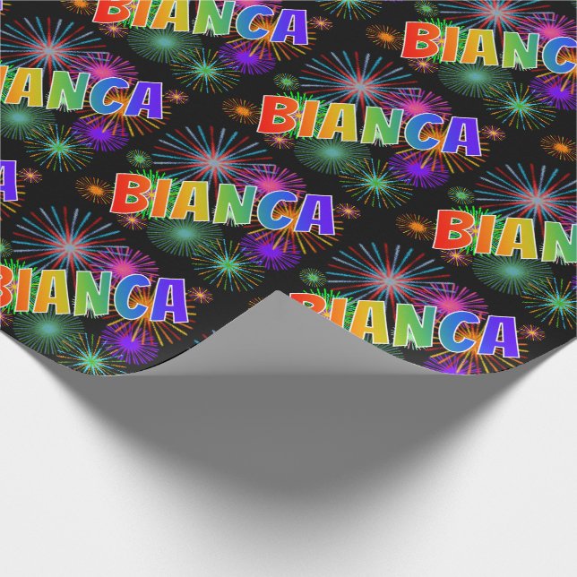 Papier Cadeau Prénom arc-en-ciel "BIANCA" + feux d'artifice (Coin)