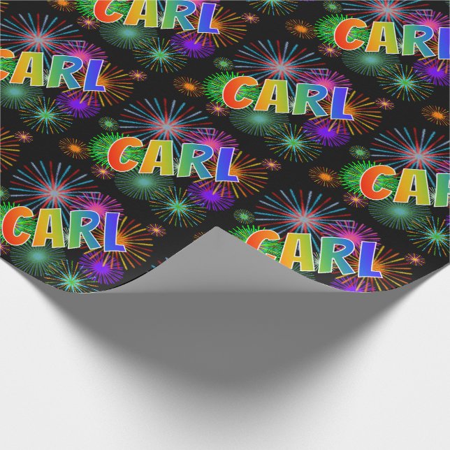 Papier Cadeau Prénom arc-en-ciel "CARL" + feux d'artifice (Coin)