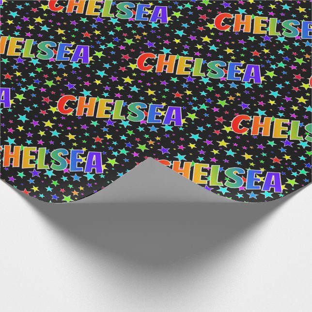 Papier Cadeau Prénom arc-en-ciel "CHELSEA" + Stars (Coin)