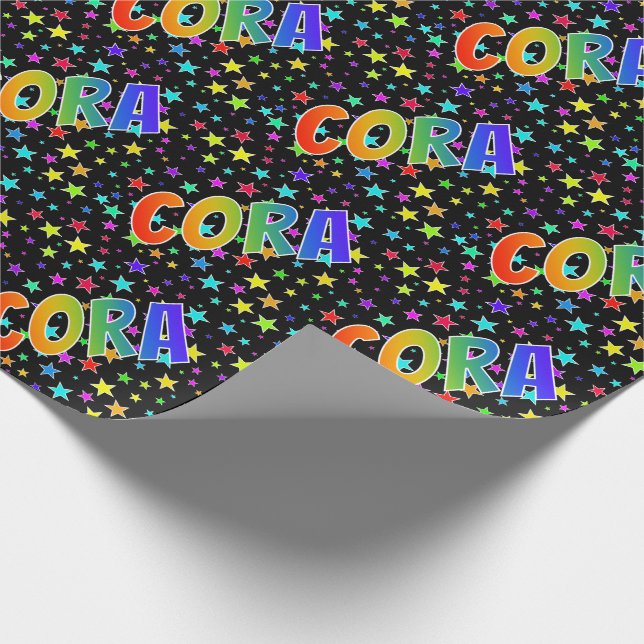 Papier Cadeau Prénom arc-en-ciel "CORA" + Étoiles (Coin)