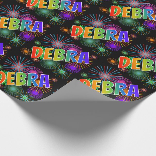 Papier Cadeau Prénom arc-en-ciel "DEBRA" + feux d'artifice (Coin)