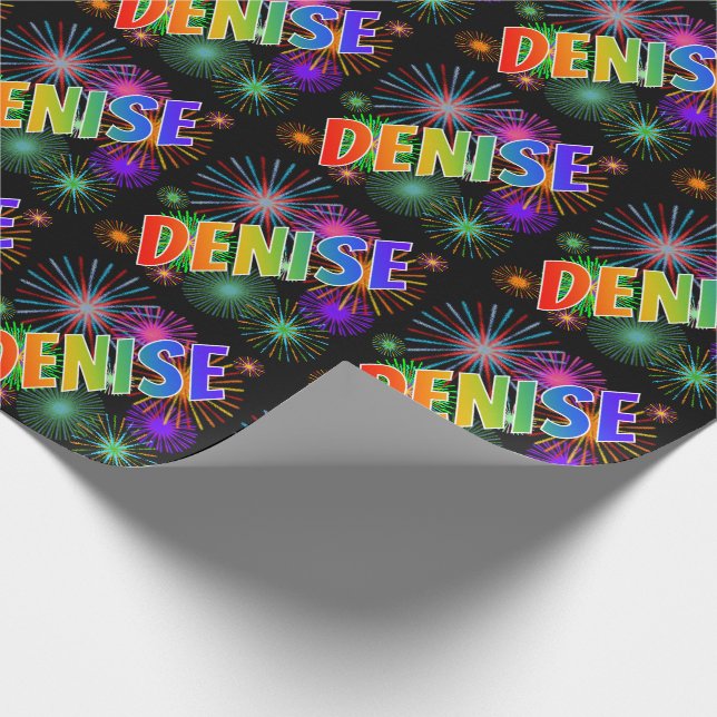 Papier Cadeau Prénom arc-en-ciel "DENISE" + Feux d'artifice (Coin)