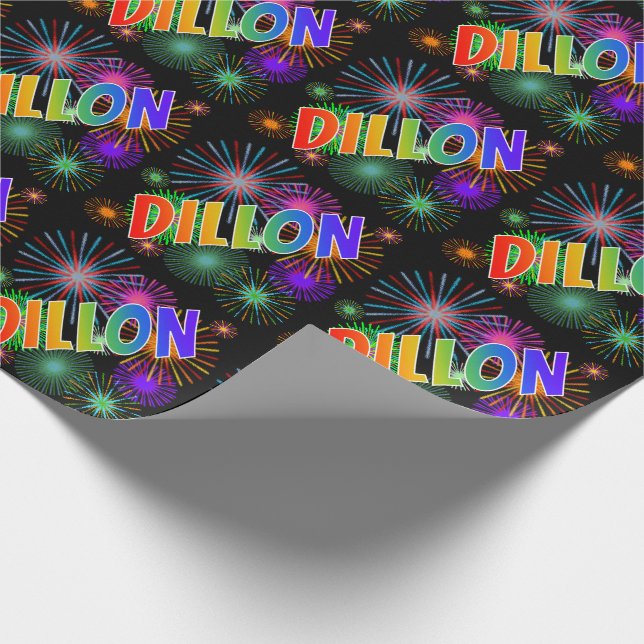 Papier Cadeau Prénom arc-en-ciel "DILLON" + feux d'artifice (Coin)