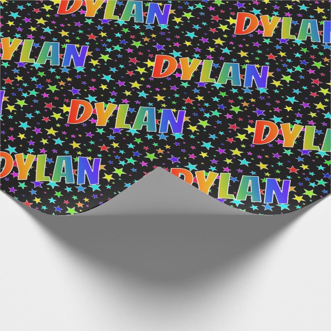 Papier Cadeau Prénom arc-en-ciel "DYLAN" + Étoiles (Coin)